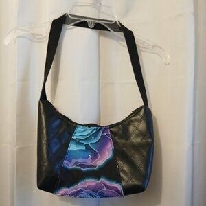 New Canvas Vinyl Top handle Shoulder Bag Purse Ombre Roses Crescent Baguette